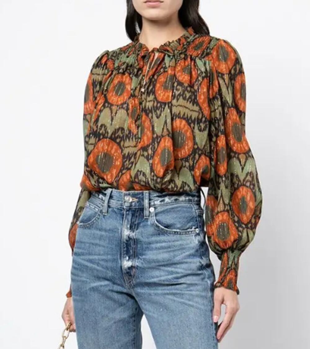 Ulla Johnson Anita Blouse olive green orange metallic US 6 boho feminine